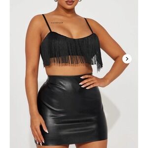 Fashion Nova Black Fringe Crop Top Spaghetti Strap‎ Back Zipper Club Party S